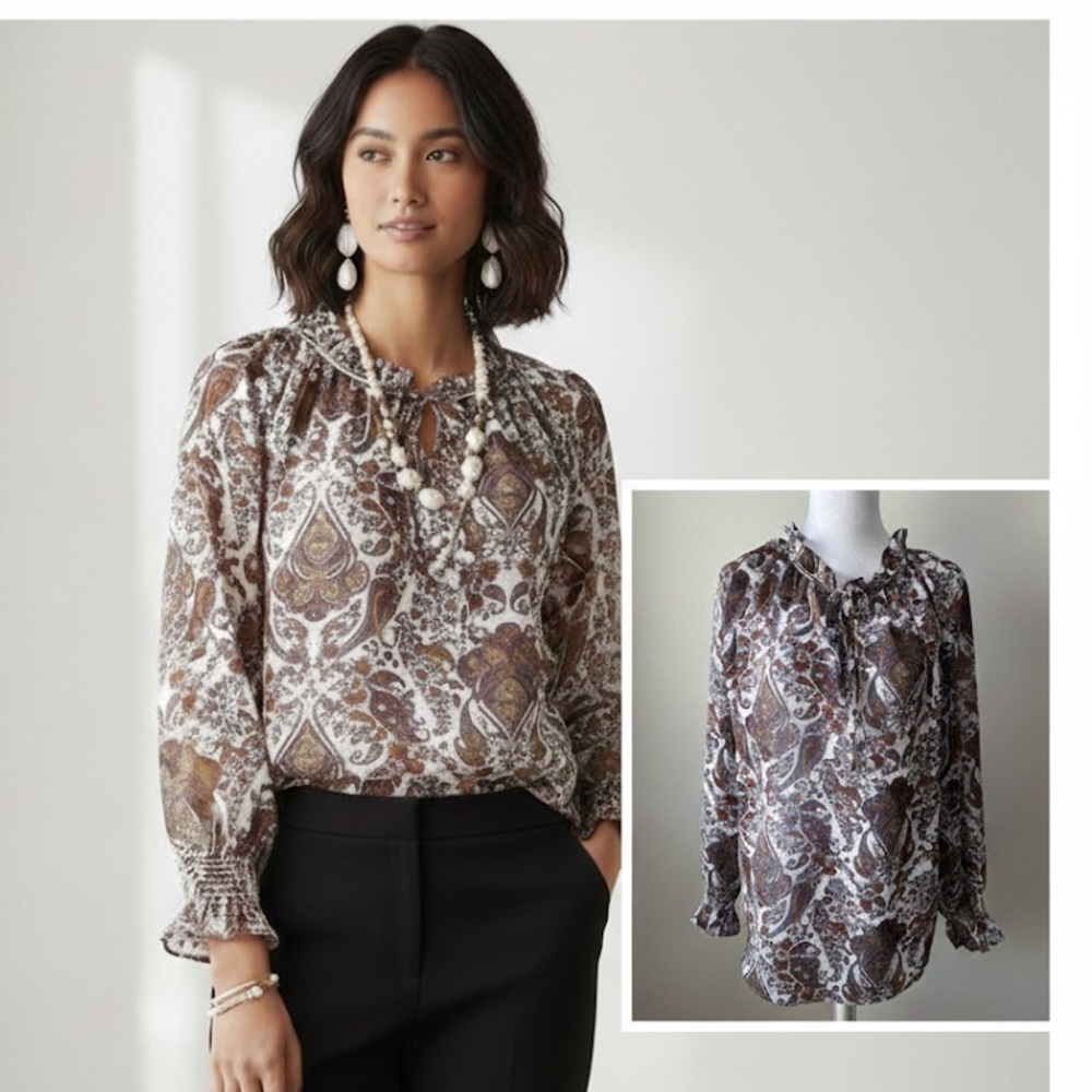 💜AMANDA GREEN * Elegant top with ruffles around neck and wrists Sz M Pa…